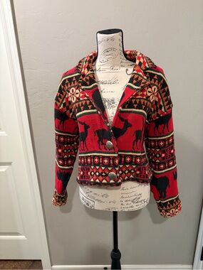 Red Patterned Knit Jean-Style Jacket with Reindeer Motif